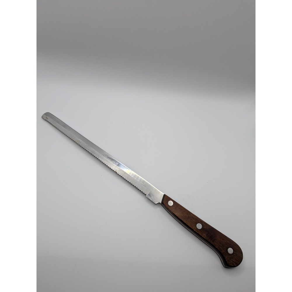 Vtg Bread Knife Wooden Handle Serrated Edge Medallion 9" Blade Cottagecore